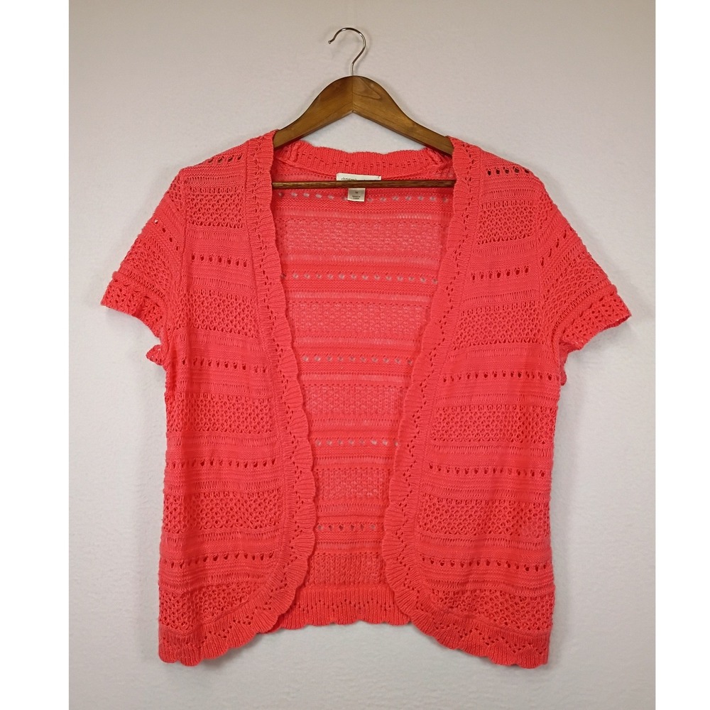 Boho Coastal Christopher & Banks Womens‎ Medium Coral Crochet Pointelle Cardigan